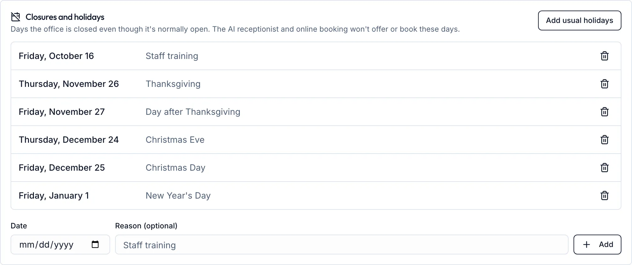 The closures list: six upcoming dates with reasons, and a row to add another