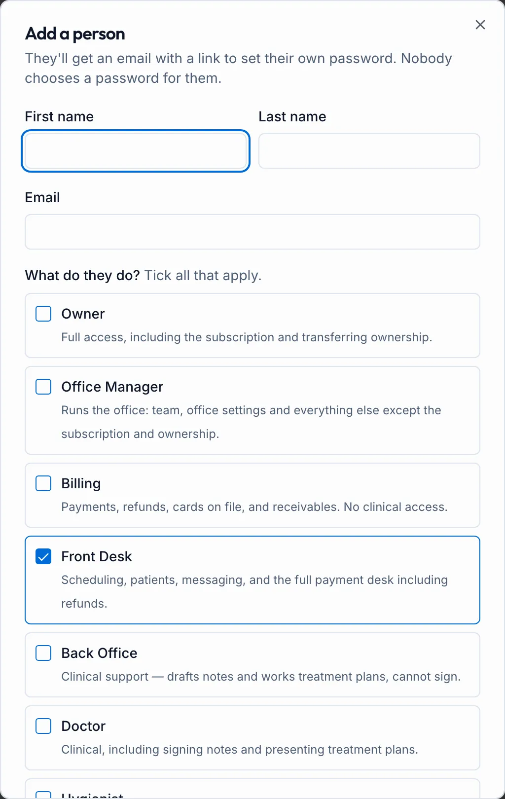 The Add a person form with name, email and role choices
